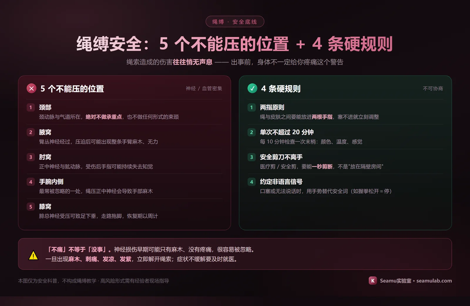 绳缚安全信息图：左侧列出 5 个不能压的位置——颈部（颈动脉与气道，绝对不做承重点）、腋窝（臂丛神经）、肘窝（正中神经与肱动脉）、手腕内侧（最常被忽略）、膝窝（腓总神经可致足下垂）及各自的后果；右侧列出 4 条硬规则——两指原则（绳与皮肤间能放进两根手指）、单次不超过 20 分钟并每 10 分钟检查末梢颜色温度感觉、安全剪刀一秒可剪断且不离手、口塞时约定非语言信号（握拳松开＝停）；底部警示「不痛不等于没事」，出现麻木、刺痛、发凉、发紫要立即解开绳索